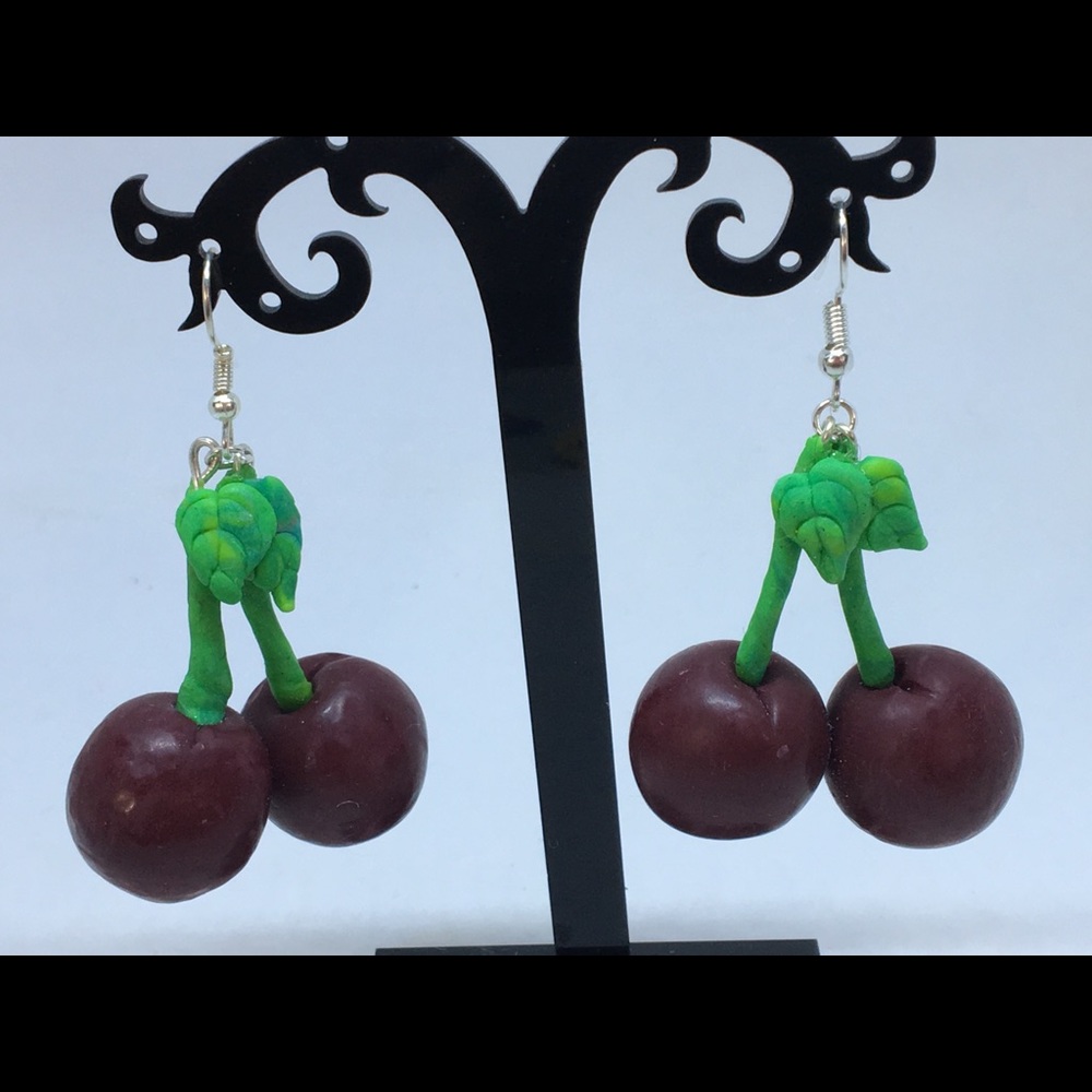 Unique Handmade Polymer Clay Cherry drop Earrings